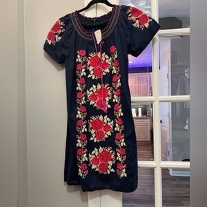 Beautiful Navy and Pink Floral Embroidered Midi Dress size 6 NWT